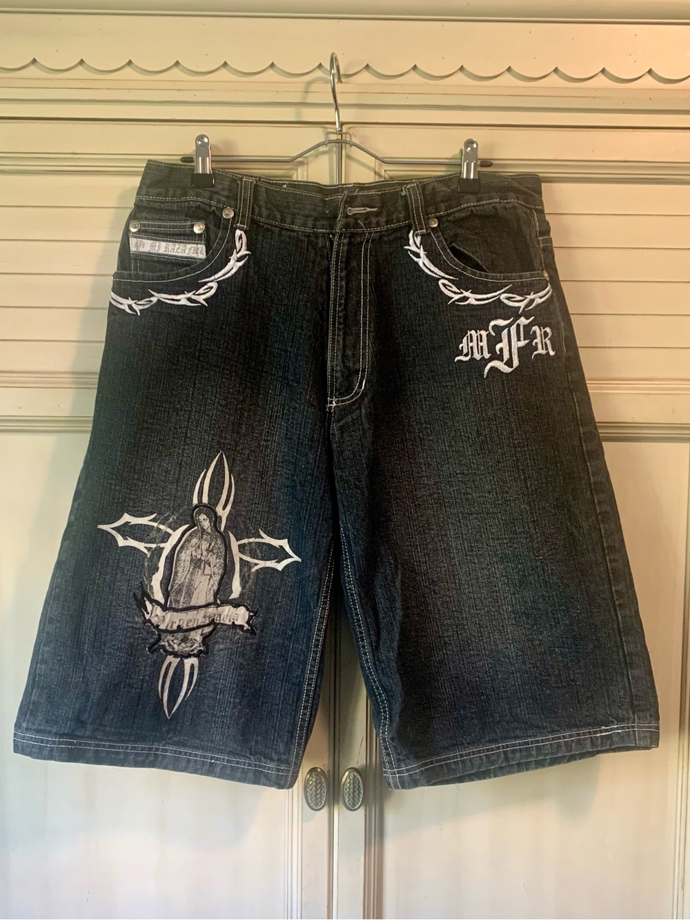 Mi Raza Fiel Embroidered Men’ S Jean Shorts W Virgin Mary Y2K 36 Missing Button